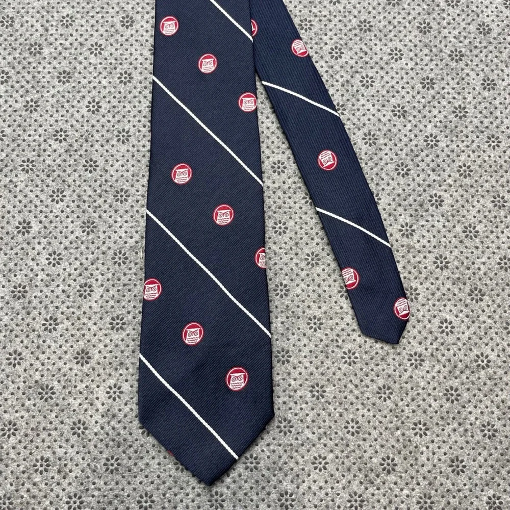 Vintage Kings Choice Mens Navy Blue Striped Owl Crest Silk Blend Tie